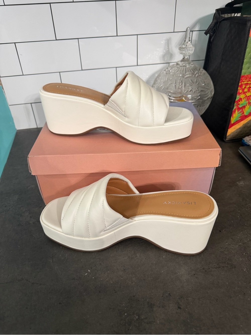 White Quilted Platform Slide Sandals